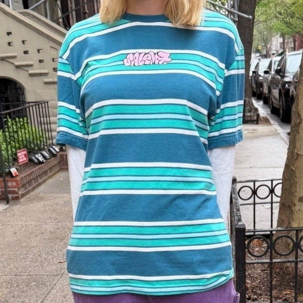 Salem7 Unisex Layered Long Sleeve Striped Tee M Teal Blue Y2K Retro‎ Indie